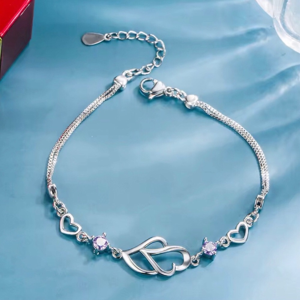 Sterling Silver Double Heart Bracelet with Lavender Crystal Accents
